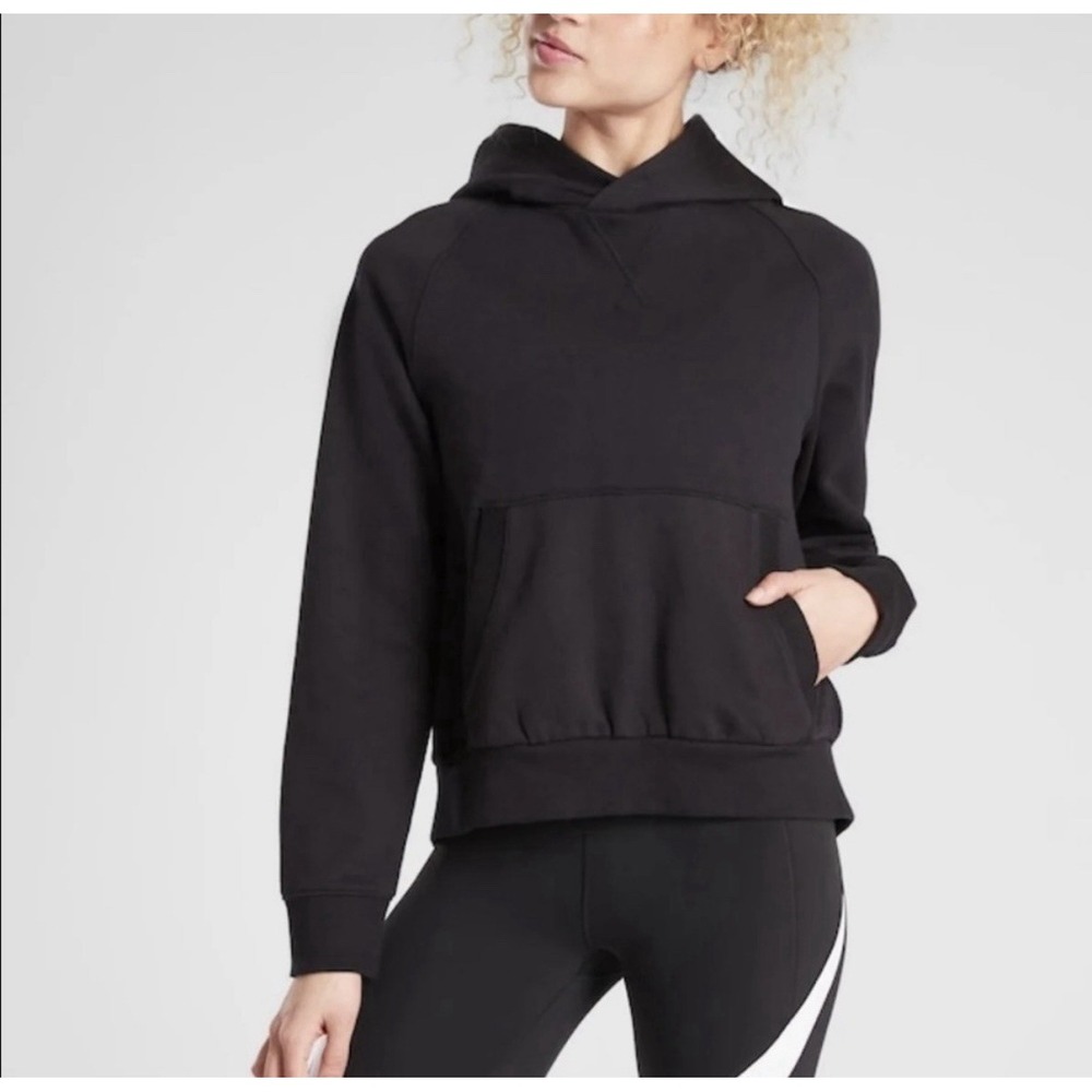 Athleta Moonrise Split Open Back Hoodie Black Women Size Medium Kangaroo‎ Pocket - Picture 2 of 6